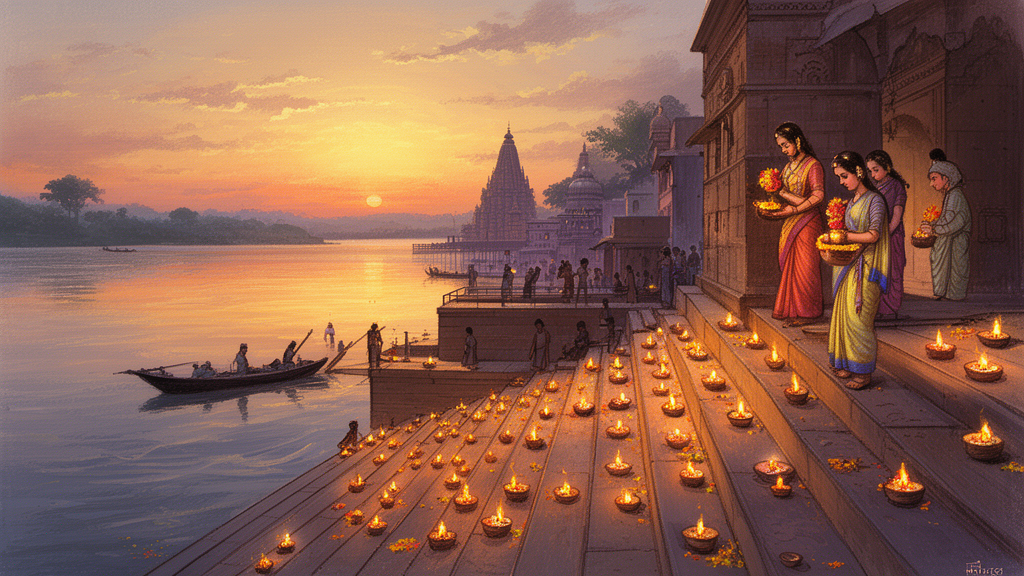 Illustration of the Ayodhya riverside at dusk, with lamps lining the steps, a temple silhouette in the distance, and devotees offering flowers.