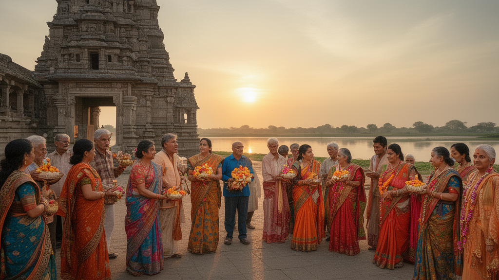 Devotees of varied ages and regional dress gathering with flower offerings outside a stone temple at sunrise, showing the diversity of Hindu practice.