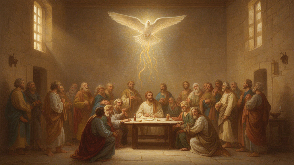 Illustration of a small group gathered in an upper room in Jerusalem with soft light and a dove-like shape above them, representing the Pentecost event described in the Book of Acts.