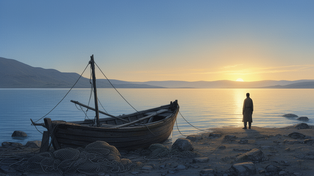 Illustration of a wooden fishing boat and folded nets on the shore of the Sea of Galilee at dawn, with a figure standing at the water’s edge, referring to Peter’s background as a fisherman.