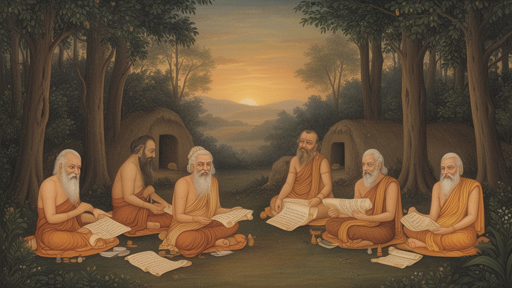 Illustration of six seated sages in a forest hermitage at dawn, each holding a manuscript, representing the six classical schools of Indian philosophy.