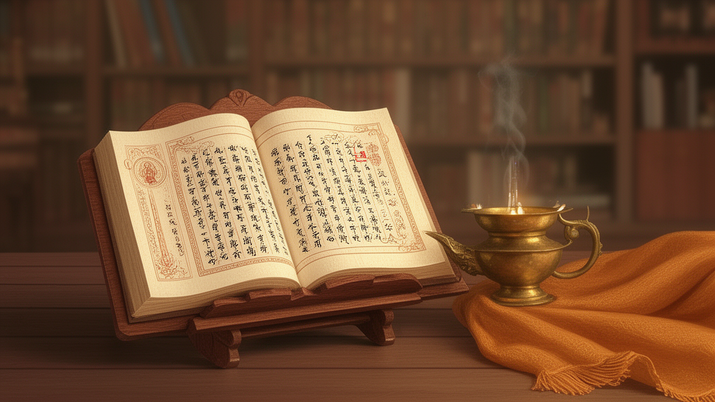 Illustration of an open palm-leaf manuscript on a wooden stand beside a brass lamp, representing the sutra literature of darshan shastra.