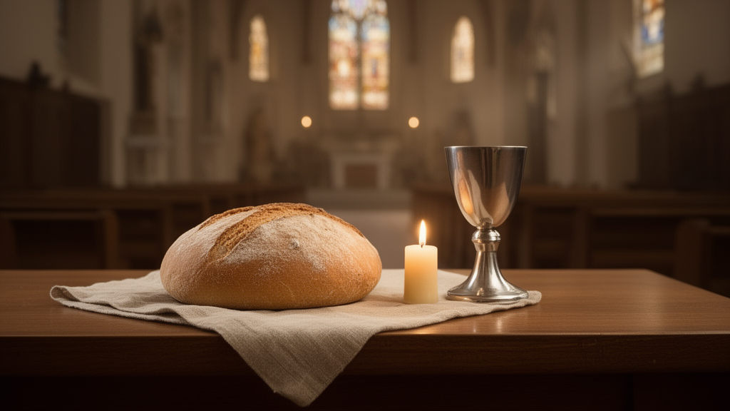 A plain wooden table in a softly lit church with a round loaf of bread on a linen cloth beside a silver cup, representing the bread and cup of Holy Communion.