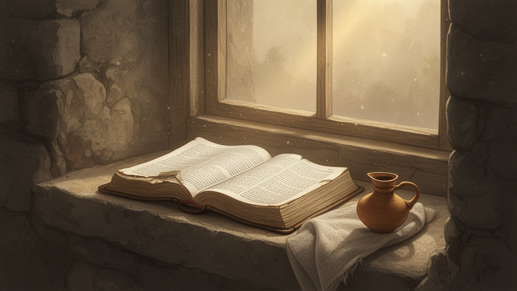 An open, well-used Bible on a stone windowsill in morning light, with a small oil lamp beside it, suggesting Scripture reading and reflection.