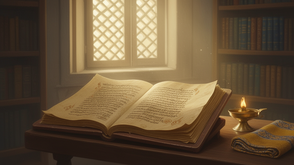 Open palm-leaf manuscript on a wooden stand in a quiet library with a small brass lamp beside it, illustrating the study of wisdom texts.