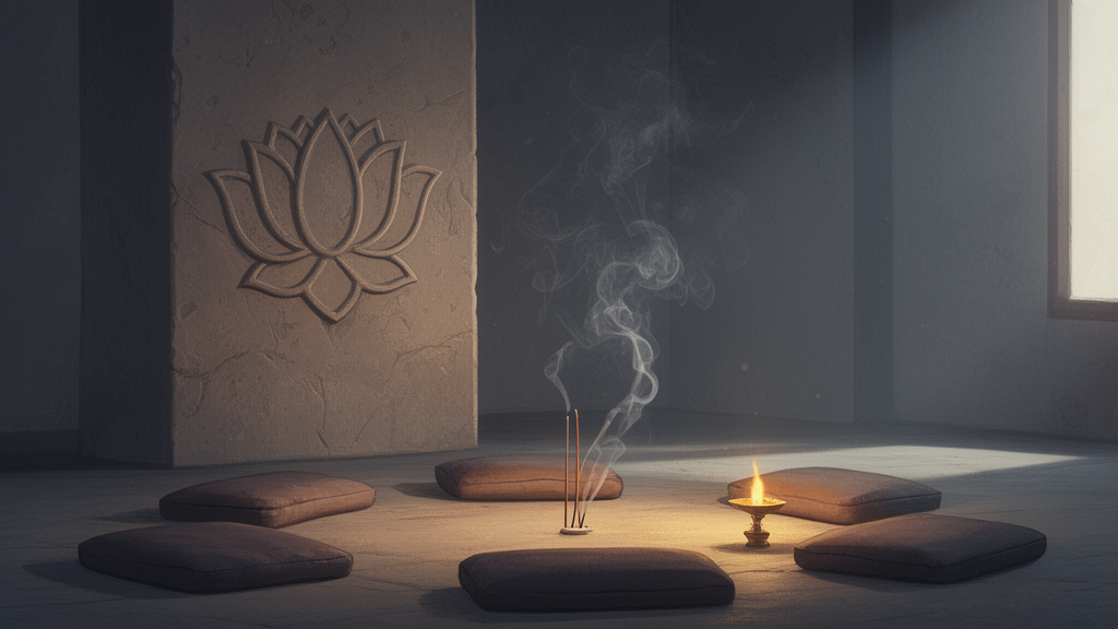 Meditation hall with cushions arranged in a circle beside a carved lotus pillar and rising incense, suggesting contemplative reading and practice.