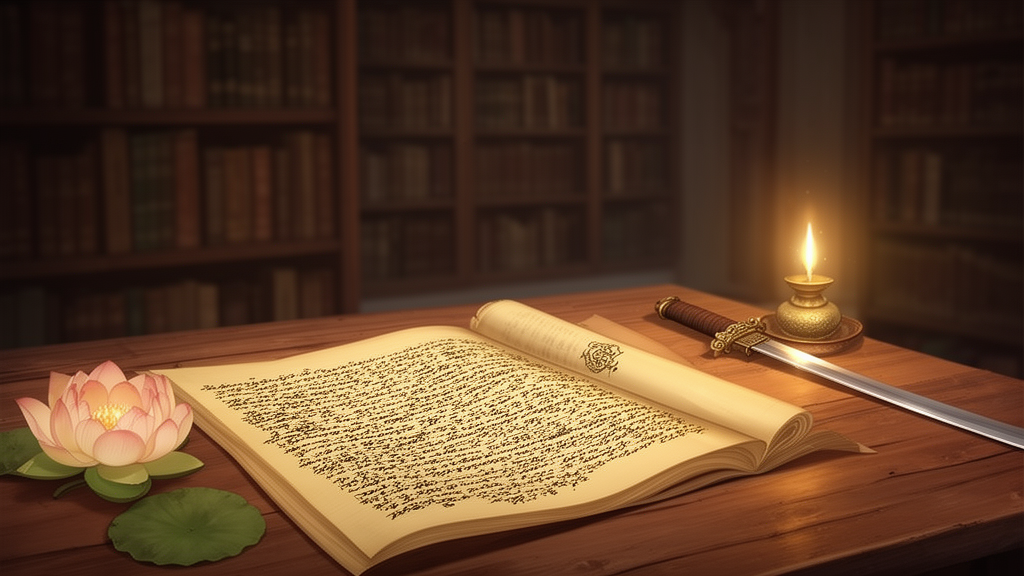 Open palm-leaf manuscript beside a lotus and a sword in a quiet library, illustrating the wisdom teachings associated with prajñā.