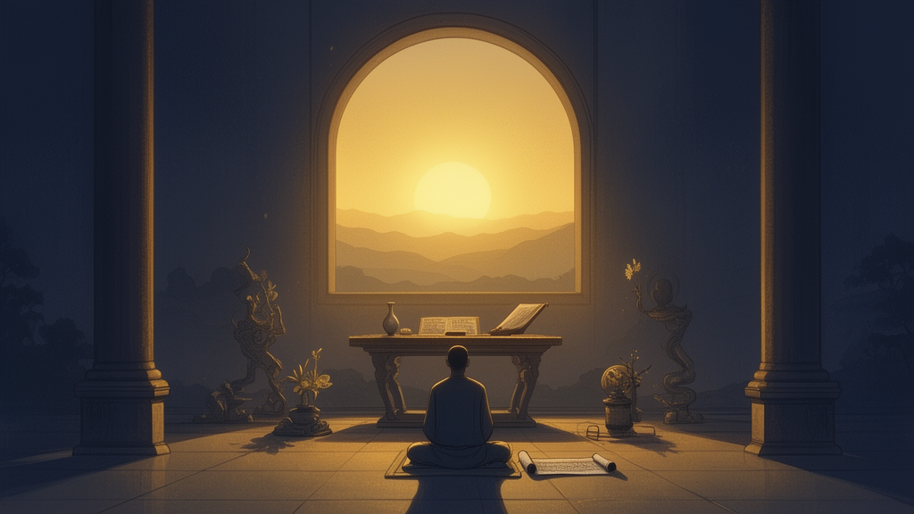 Dawn light enters a meditation hall above a simple altar with a vase and scroll, suggesting insight and contemplation linked to prajñā.