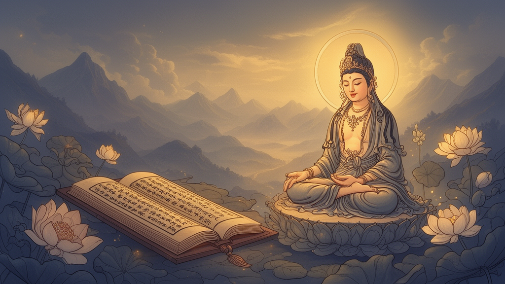 Painted devotional scene of the bodhisattva Avalokiteshvara in meditation beside an open sutra manuscript, with lotus flowers and warm golden light.