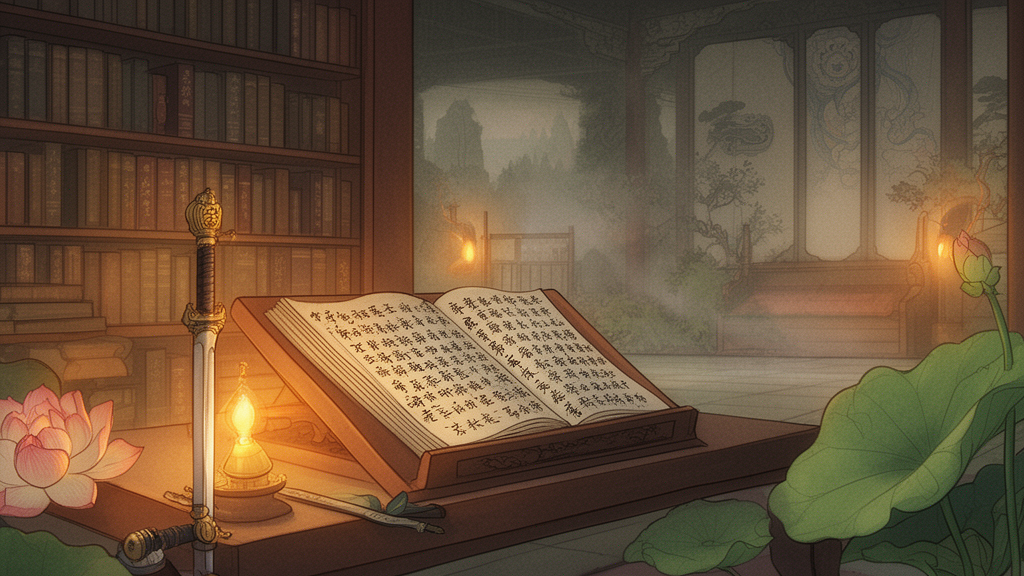 Quiet temple setting with a sutra manuscript on a lectern beside a sword and lotus, symbols associated with Prajnaparamita and Manjushri in Buddhist art.