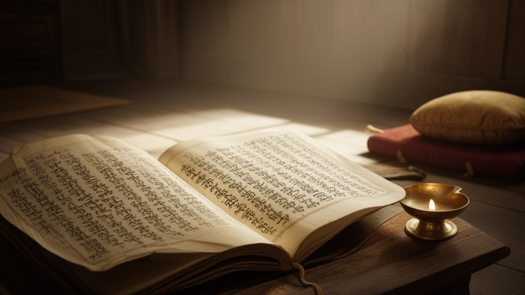 A palm-leaf manuscript resting open in a quiet monastic reading room with a small lamp and meditation cushion nearby.
