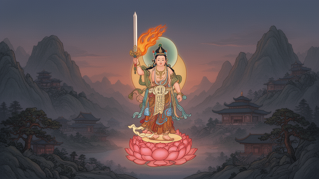 Manjushri, a Buddhist bodhisattva, holds a sword of wisdom above a scroll in a calm mountain temple setting at dusk.