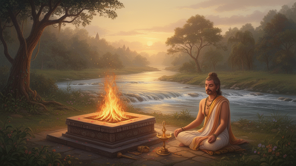 Illustration of a traditional fire altar beside a river at dawn with a seated sage and a small brass lamp, representing the Vedic fire offering.