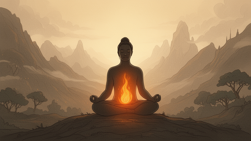 Illustration of a seated meditating figure with a soft glow of light at the heart and navel, representing the inner fire described in the Pranagnihotra Upanishad.