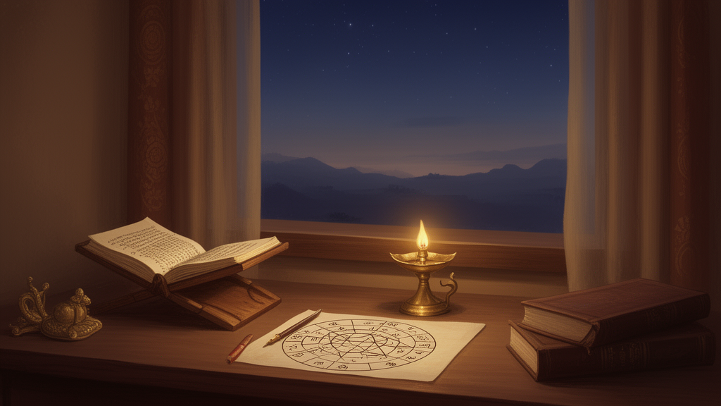 An open palm-leaf manuscript and brass lamp beside an ink chart in a quiet study room at dusk, illustrating traditional astrological study.