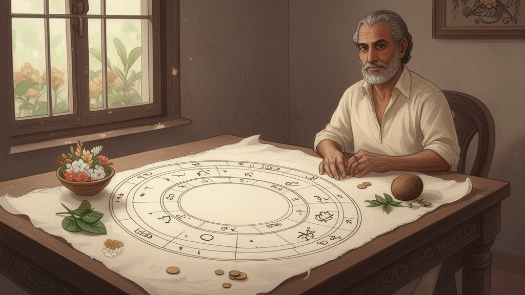 A seated astrologer's table with a blank circular chart, flowers, betel leaves and a coconut beside a window, representing the offerings used in a traditional prashna consultation.