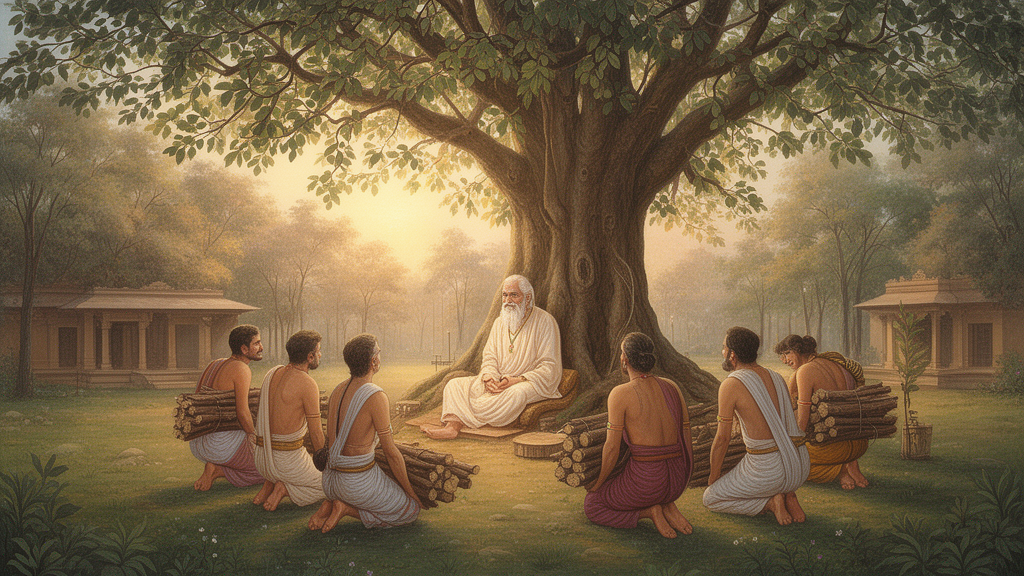 Six seekers with firewood kneel before the sage Pippalada beneath a banyan tree at dawn, in a traditional devotional painting style.