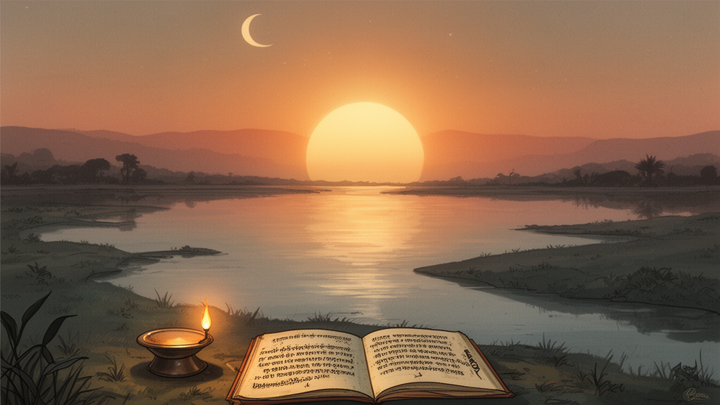 A rising sun and crescent moon above a calm river, beside a lamp and an open palm-leaf manuscript, illustrating the Prashna Upanishad's sun and moon symbolism.