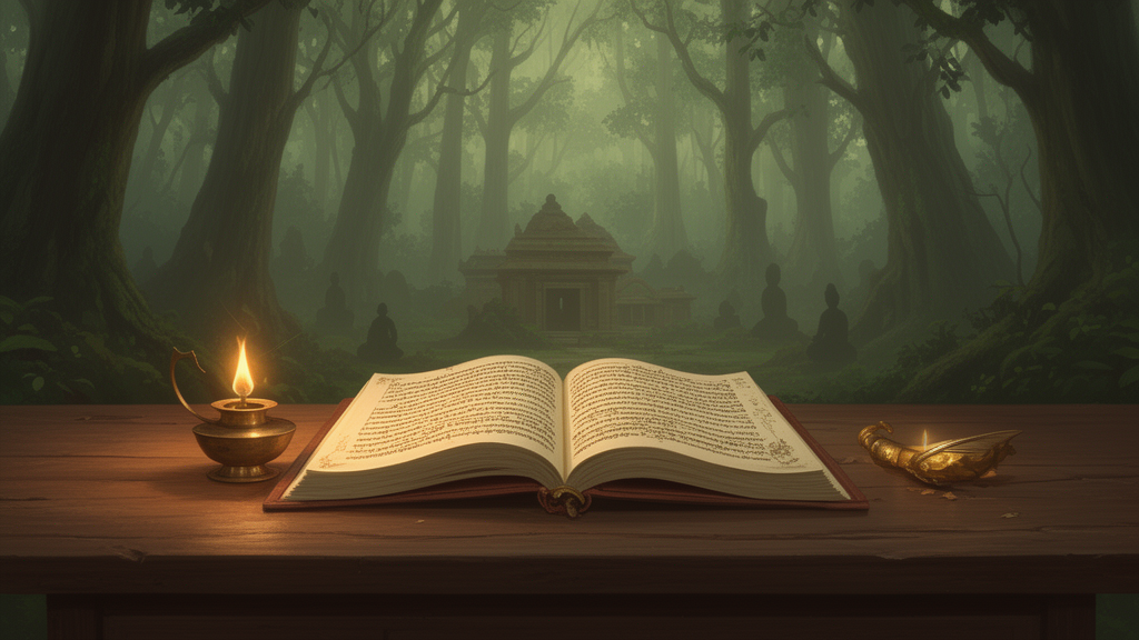 An open ancient-style manuscript beside a small brass lamp in a quiet forest ashram setting, suggesting the study of Upanishadic texts.
