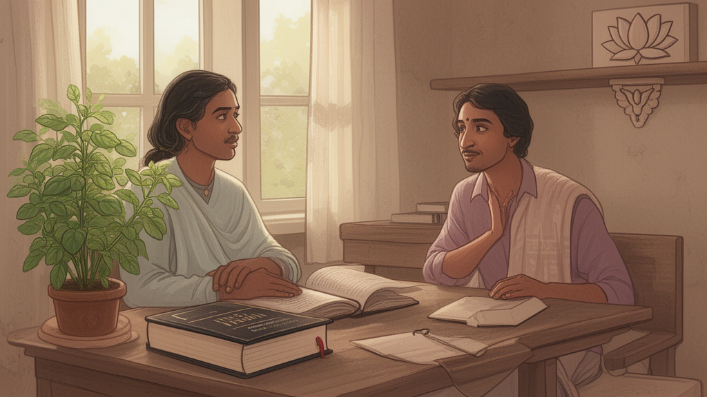 A teacher and student in conversation in a calm study room with books and a tulsi plant, illustrating the dialogue-based tradition of Upanishadic study.