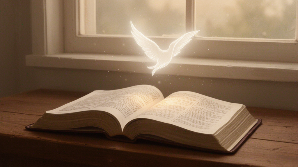 An open Bible on a wooden table in soft morning light, with a faint dove-shaped glow above the pages representing the Holy Spirit in Christian art.