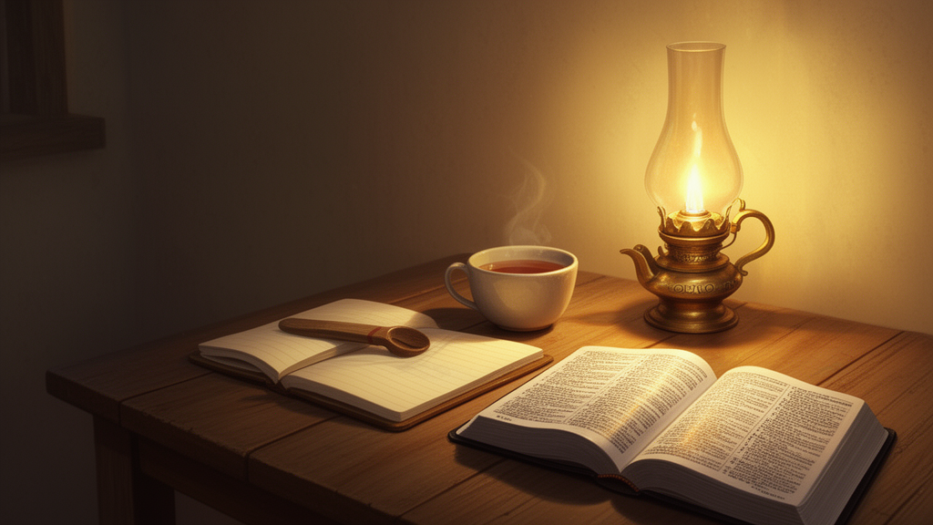 A quiet study table with an open Bible, a notebook, and a lit lamp beside a window, suggesting personal reflection on scripture.
