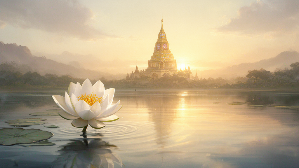 A white lotus rising from calm water at dawn with a distant jeweled stupa, illustrating the lotus imagery of the Pundarika Sutra.