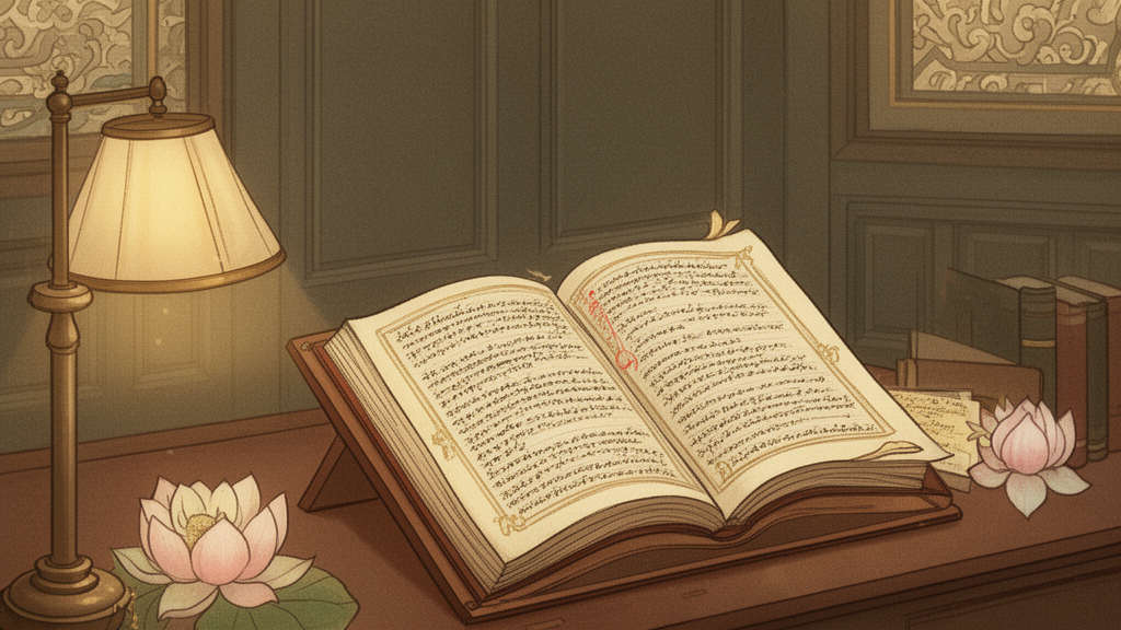 A palm-leaf manuscript on a lectern beside a lamp and a lotus, suggesting the study and copying of Buddhist scripture.