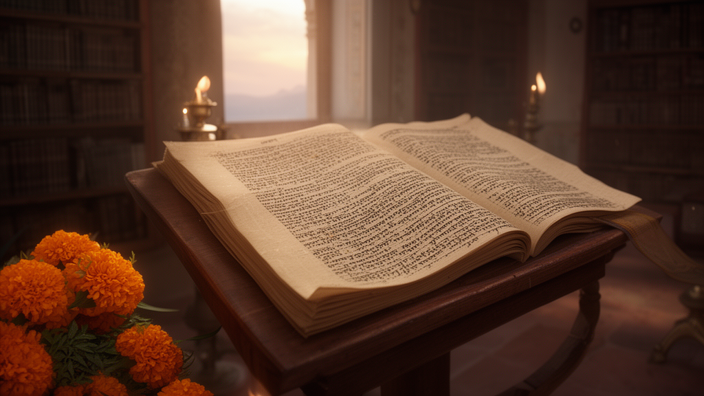 An open manuscript on a wooden lectern in a quiet temple library, lit by a small lamp with marigolds nearby.
