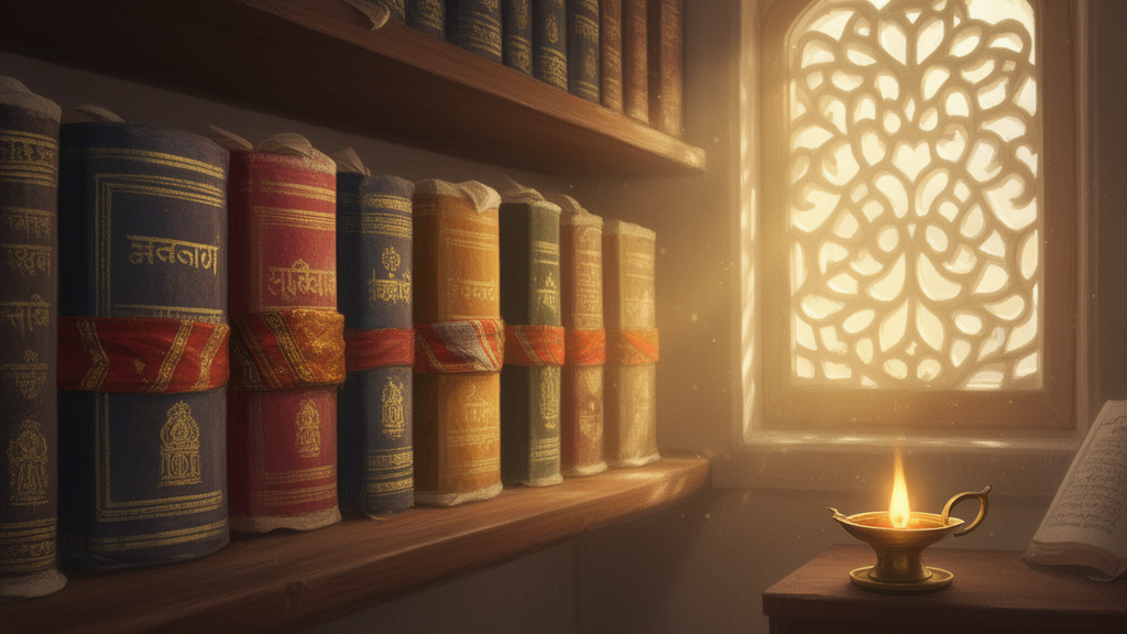 Bundled sacred texts on wooden shelves in a traditional study, with a brass oil lamp and sunlight entering through a carved window.