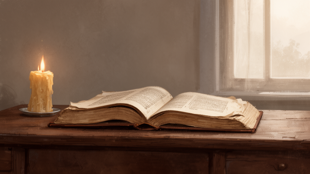 An open old theology book on a wooden desk beside a lit candle and morning light from a window.