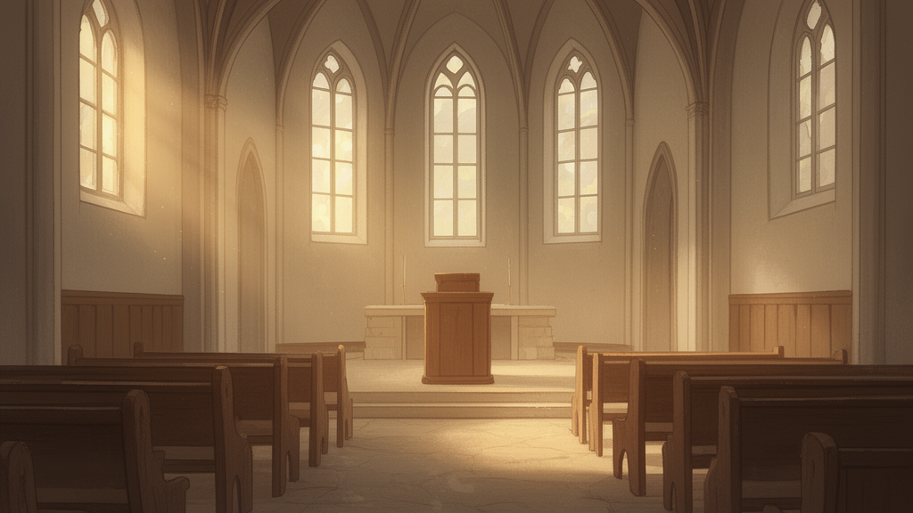 A quiet church interior with tall windows and a wooden pulpit bathed in soft golden light.