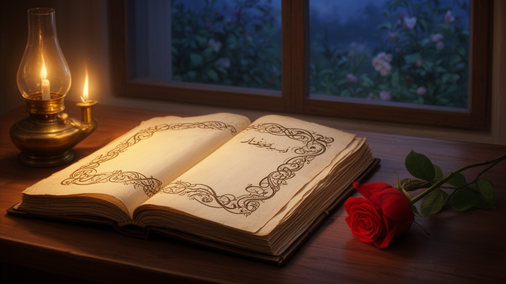 An open illustrated manuscript with decorative borders on a wooden desk, lit by a brass oil lamp and a red rose beside it.