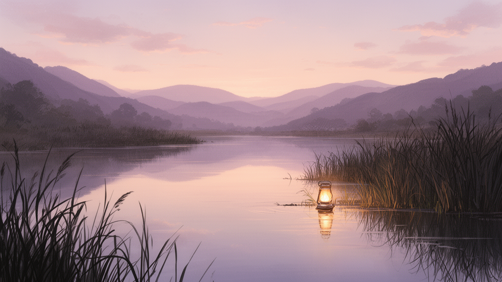 A small lamp floating on calm water at dawn, with reeds and distant hills under a soft sky.