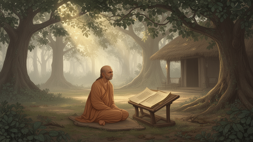 Illustration of a seated sage in a forest hermitage beside an open palm-leaf manuscript, lit by morning light through banyan leaves.