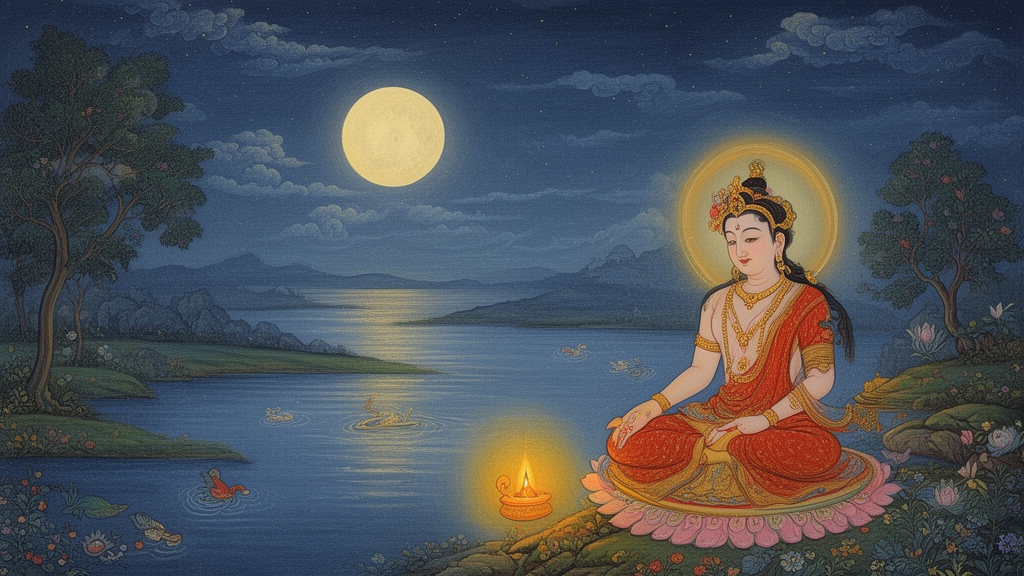 Illustration of a meditating bodhisattva figure beside a glowing moon over still water, in a style inspired by Indian miniature painting.
