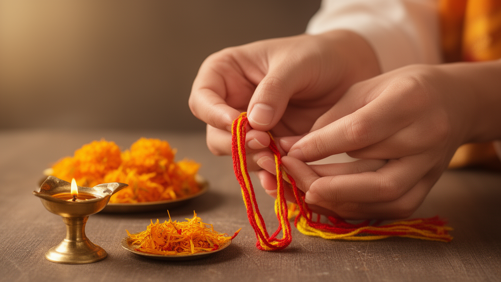Hands holding a red and yellow cotton sacred thread beside a brass puja lamp and marigold petals.