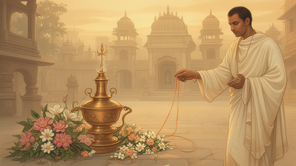 A priest's hand offering a consecrated thread in a temple courtyard beside a brass kalash and flowers.