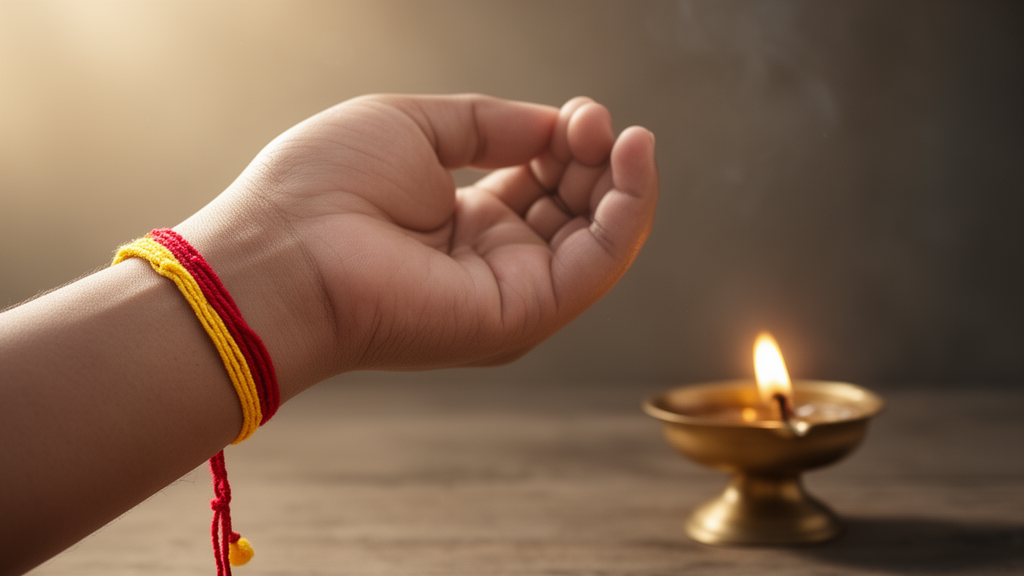 Close view of a hand with a closed palm and a red and yellow sacred thread wrapped around the wrist, shown in soft morning light.