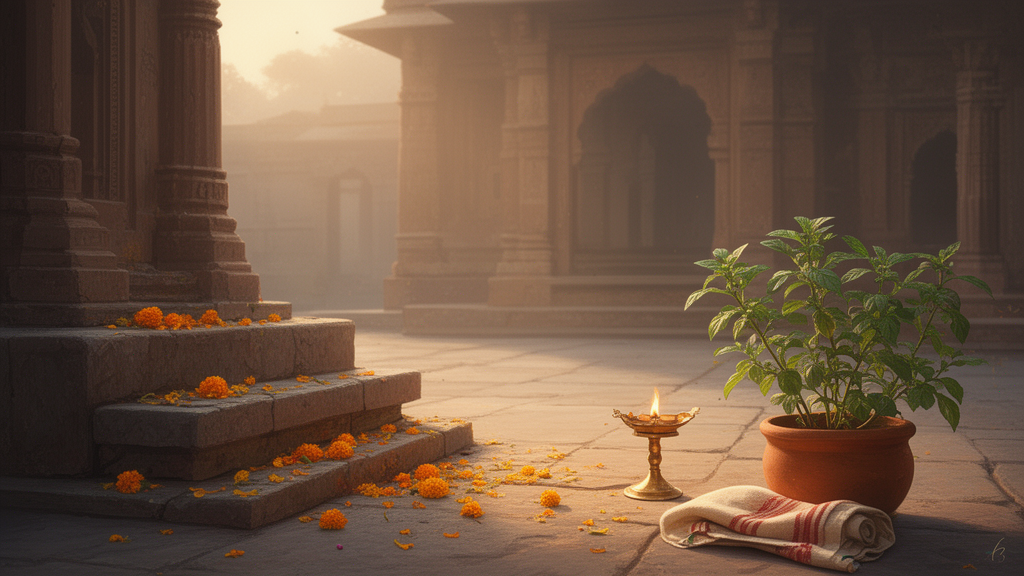 A brass lamp, marigold petals and a tulsi plant on a stone step in a quiet temple courtyard at dawn.