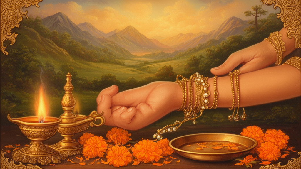 A brass puja plate and lit lamp beside a hand receiving a red protective thread during worship.