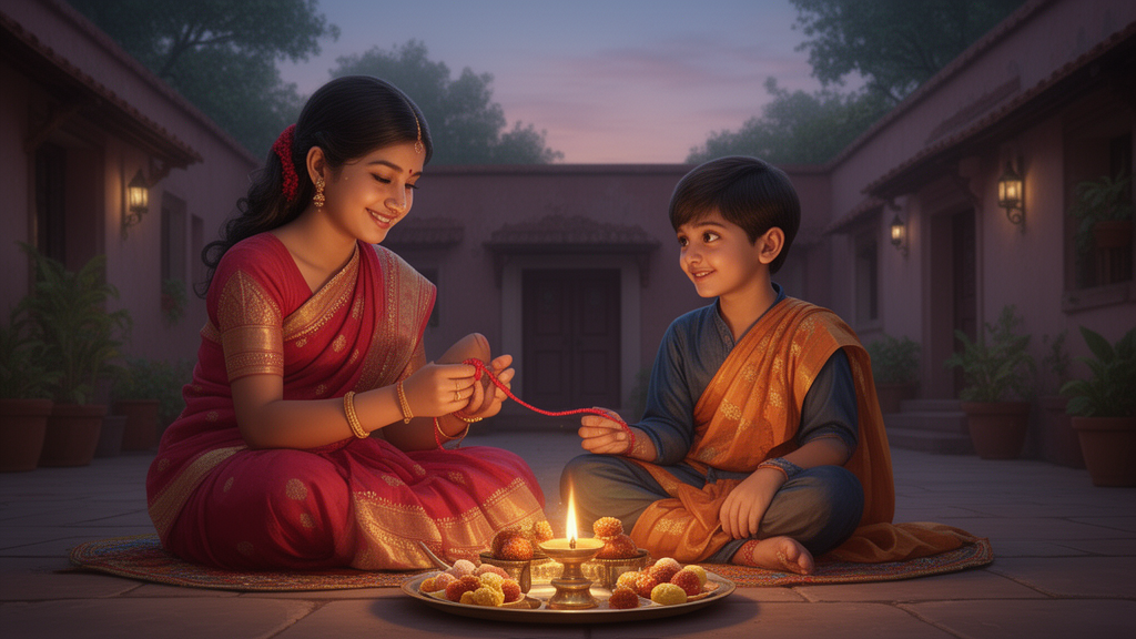 A sister and brother seated at a festive thali with a red thread and lamp in a family courtyard.