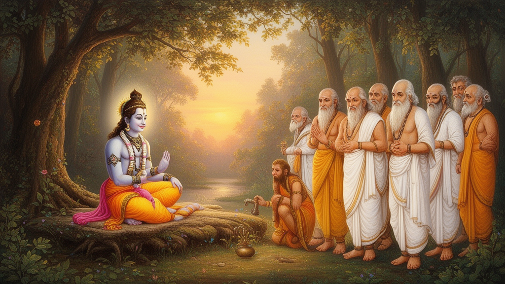 Illustration of Rama seated in a forest hermitage with Hanuman kneeling before a group of sages at dawn, representing the dialogue framing of the Ram Rahasya Upanishad.
