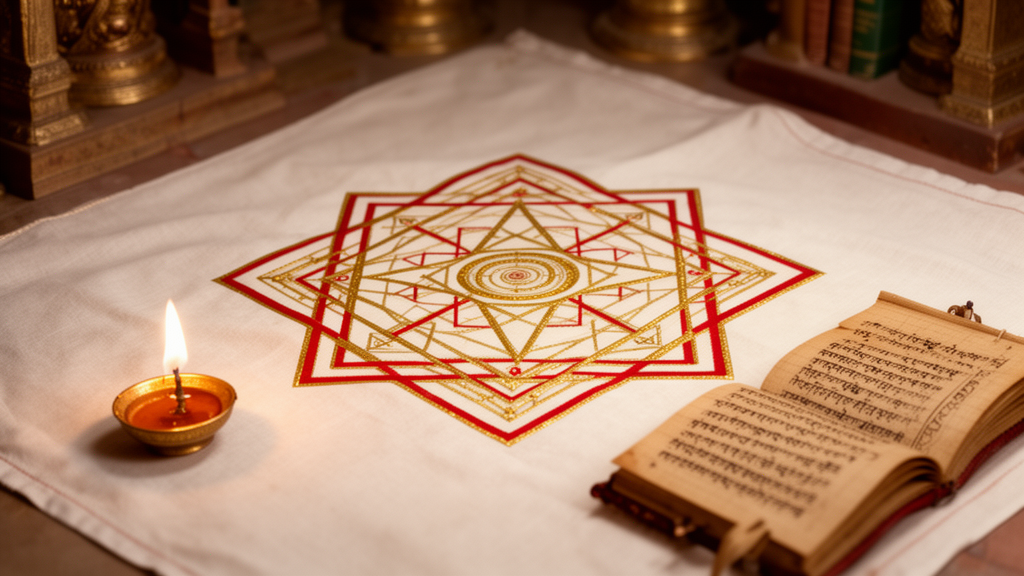 Illustration of a geometric Rama yantra in gold and red lines placed before a lamp, with a palm-leaf manuscript beside it, representing yantra worship described in the text.
