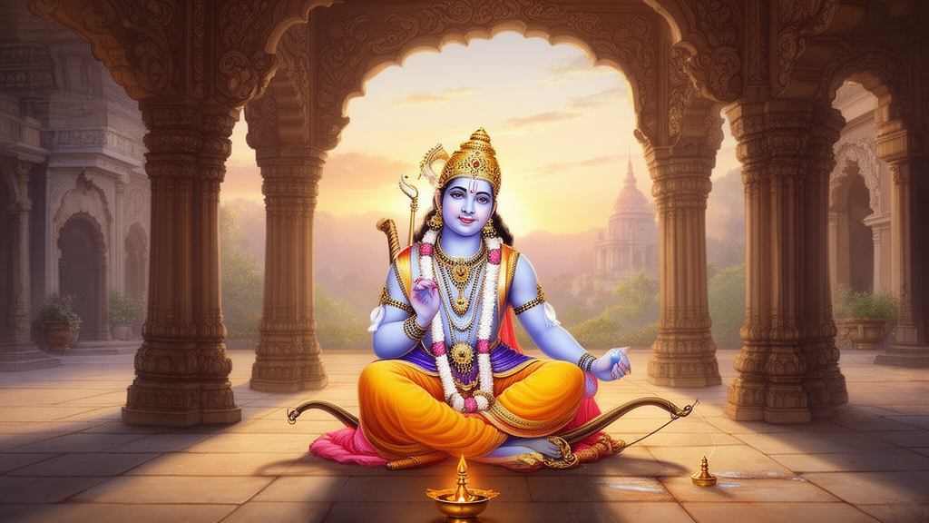 Illustration of Lord Rama seated in a calm temple courtyard at dawn, holding a bow beside a lit brass oil lamp.