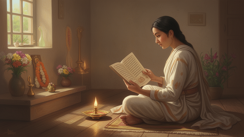 A devotee reading from a small devotional booklet at a home shrine with a lit oil lamp and flowers.