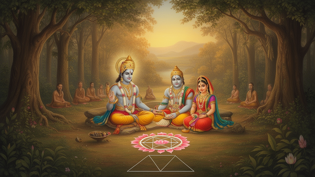 Painted scene of Rama, Sita and Lakshmana in a forest hermitage at dawn, with meditating sages and a small geometric mandala on the ground.