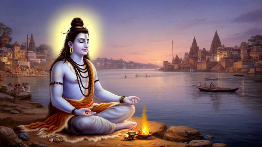 Painted scene of Shiva meditating on a Varanasi riverbank at twilight, with ghats, temple spires and a rosary beside him.