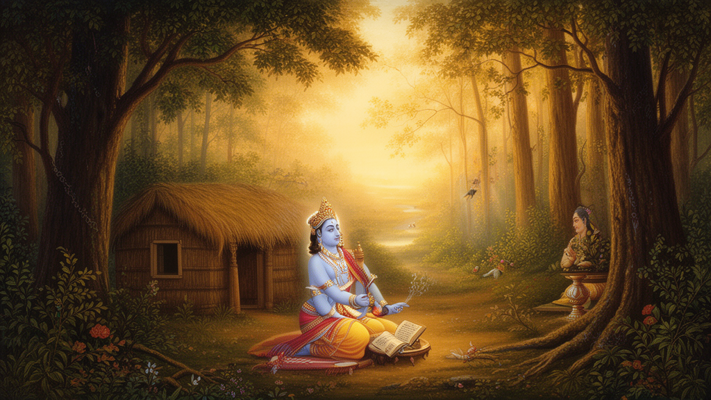 Illustration of Lord Rama seated in a forest hermitage at dawn with a palm-leaf manuscript and a sage in the background, in a traditional devotional painting style.