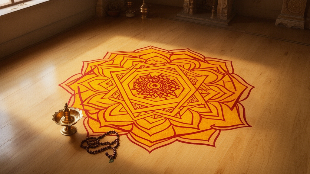 Illustration of a geometric Rama yantra with a hexagonal center and concentric petals on a wooden floor, beside a brass lamp and a rosary.
